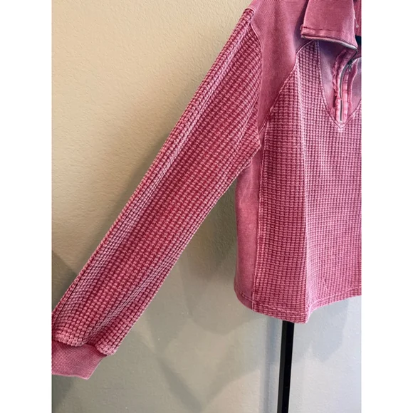 Easel Women's Thermal Waffle Knit Zip-Up Washed Long Sleeve Top Mulberry Size S - Picture 5 of 9